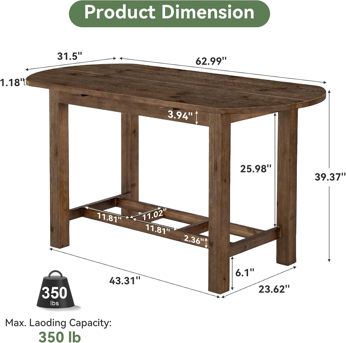 63" Solid Wood Kitchen Island, Island Table with Oval Tabletop | Farmhouse Wooden Stationary Island Table for Kitchen, Living Room, Dining Room, Easy Assembly, 39.37" Height, Vintage Brown