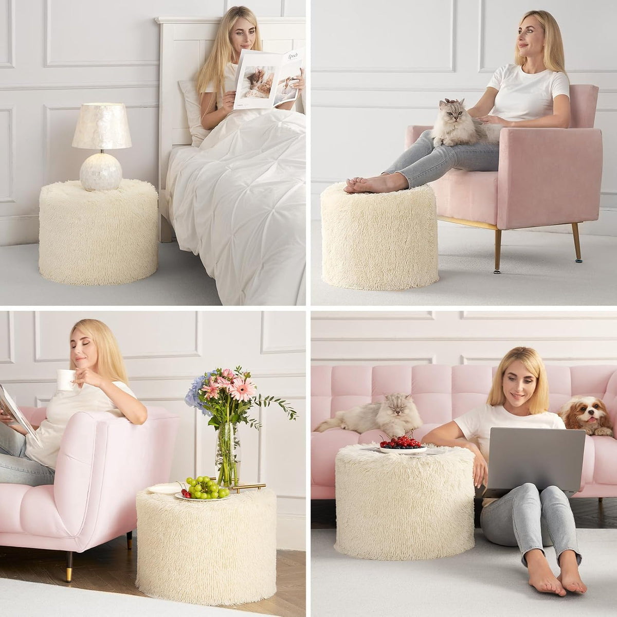 Hansleep Round Pouf Ottoman Foot Rest, Footstool, 17 x 14 Inch, Beige | High-Density One-Piece Foam, Firm & Stable, for Couch, Bedroom, Living Room, Mechine Washable Cover