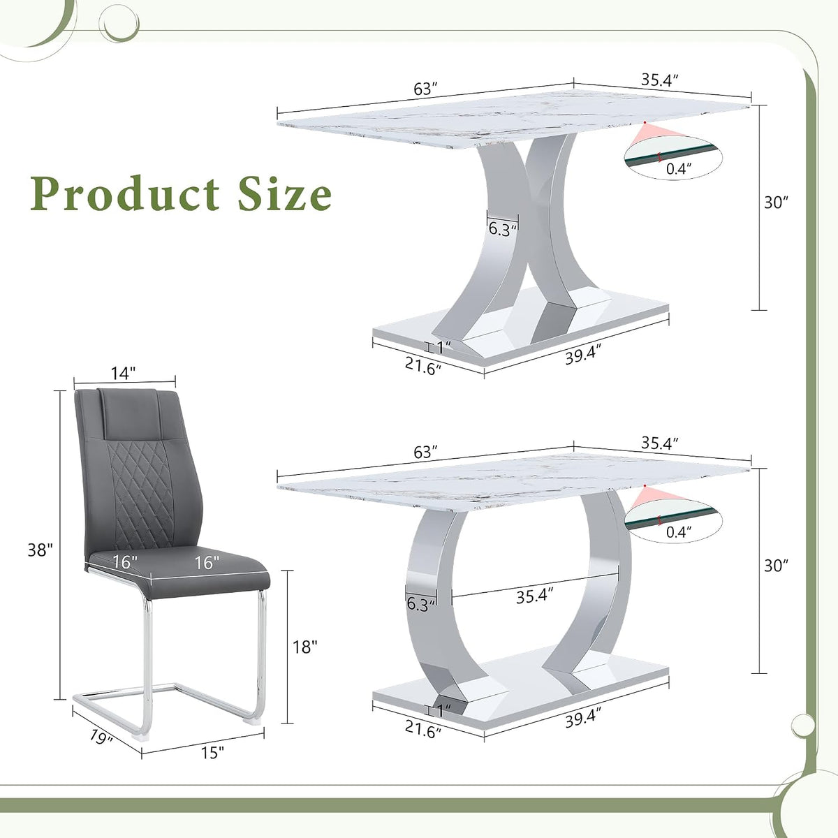 Modern Dining Table Set for 6, 63 Inch White Faux Marble Dining Room Table with Silver Leg, Rectangular Kitchen Table with 6 Grey Chairs for Kitchen Apartment Restaurant