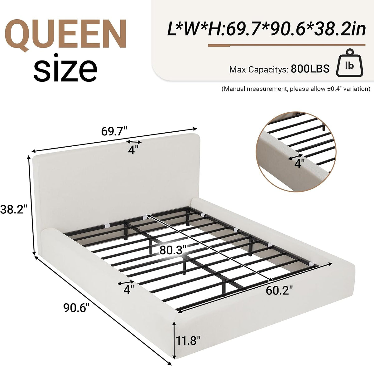 DNYN Queen Cloud Bed Frame with Cushion Headboard and 360° Foam Surround