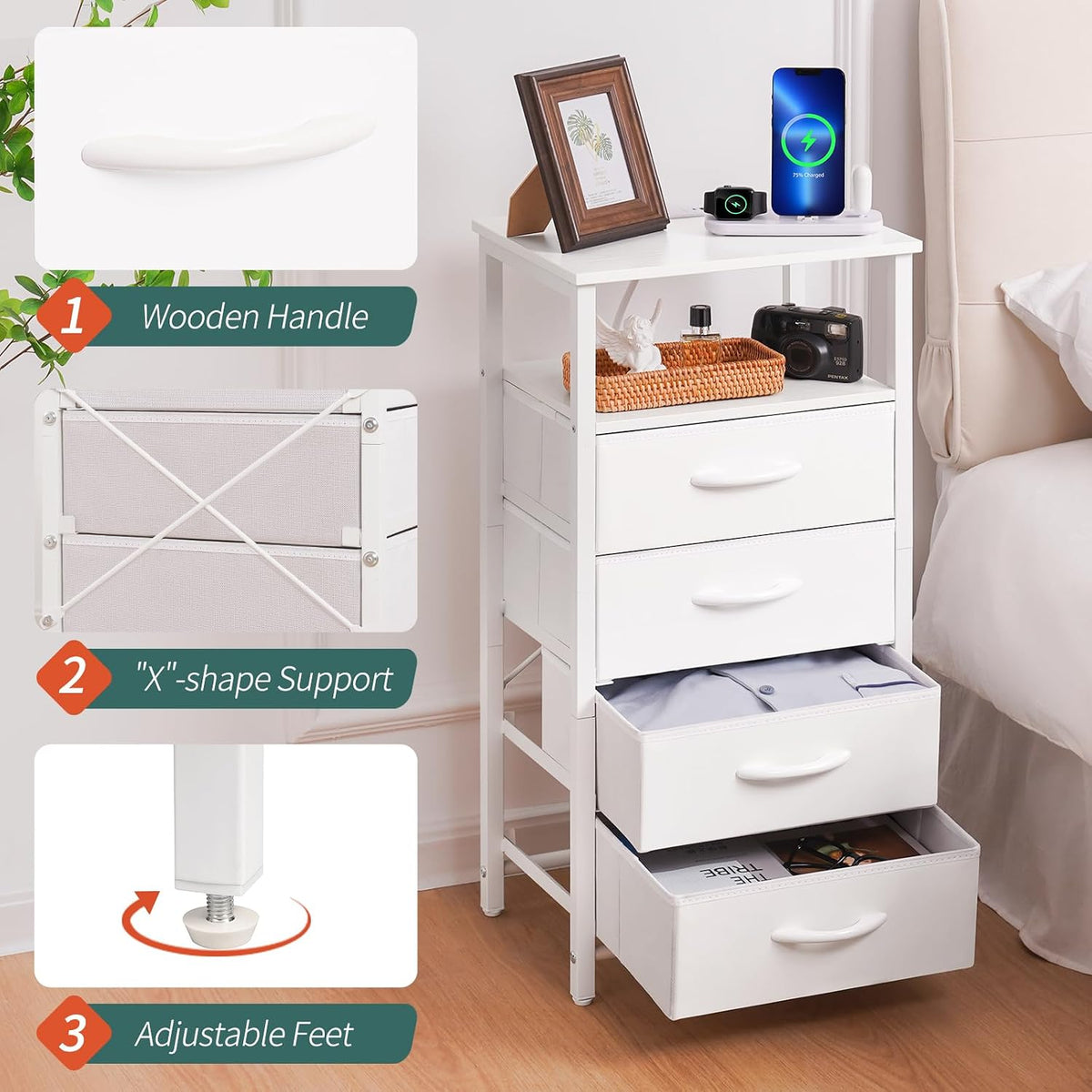 Yoobure Night Stand - LED White Nightstand with Charging Station, Bedside Table with 4 Storage Drawers and Storage Shelf, End Table with USB Ports and Outlets, Tall Nightstand for Bedroom
