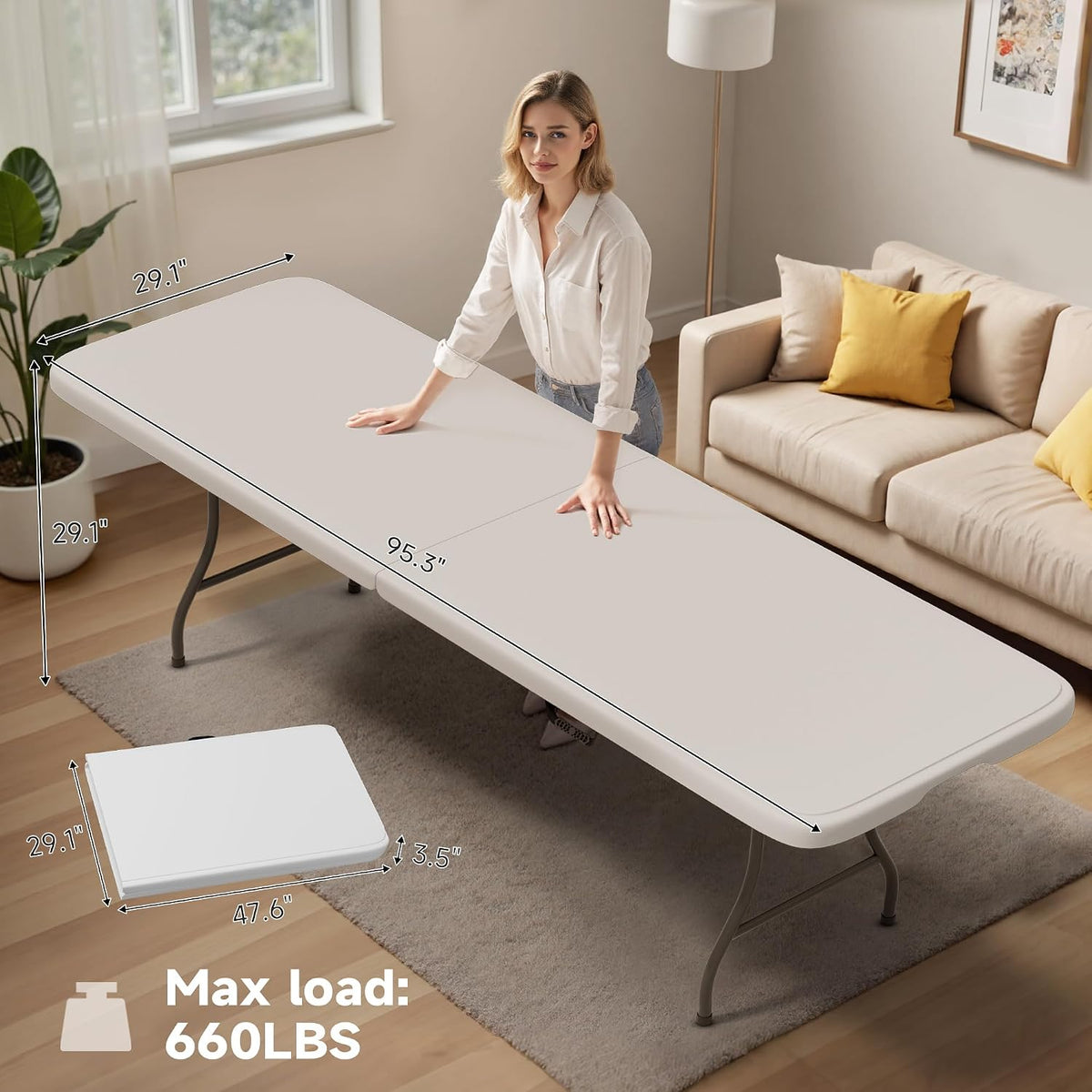 Folding Table 8 Foot - Heavy Duty 660LBS Capacity, Sturdy & Foldable Design with Safety Lock - Portable Tables Folding for Camping, Party, Indoor & Outdoor Use, 1 Pack