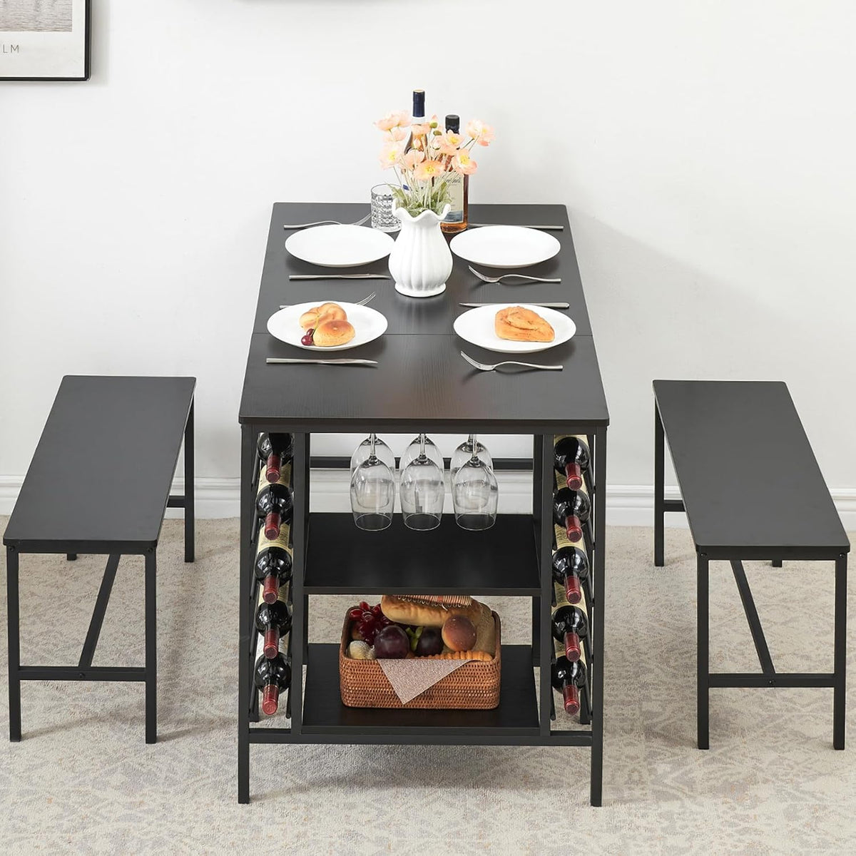 Garvee Dining Table Set for 4, Kitchen Table Set for 4 with 2 Benches, 3 Piece Dining Room Table Set for Small Space Apartment, Black