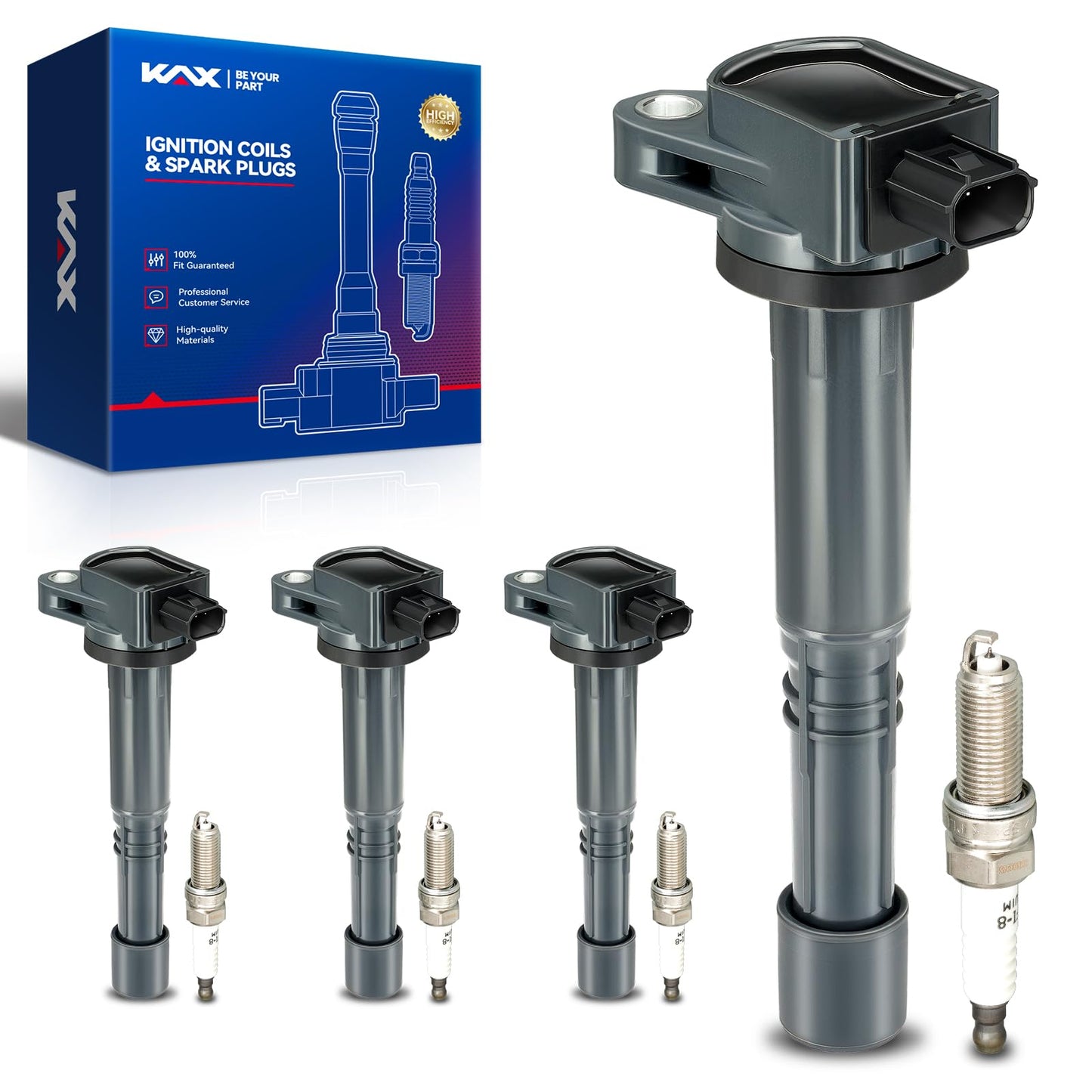 KAX 4-Pack Ignition Coils and Double Iridium Spark Plug Set Compatible with Honda 2008-2012 Accord 2.4L, 2012 2013 2015 Civic 2.