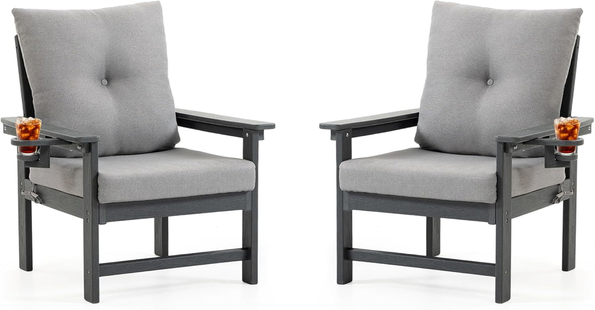 HDPE Patio Armchairs Set of 2 w/Cup Holeder, Outdoor Sectional Couch w/Thick Gray Cushions, Deep Seating Single Sofa for Garden, Deck, Front Porch, Grey