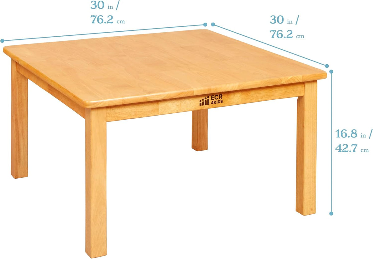 ECR4Kids 30in x 30in Square Hardwood Table with 16in Legs and Two 8in Chairs, Kids Furniture, Honey, 3-Piece | Durable rubberwood, GREENGUARD Gold Certified, ANSI/BIFMA Compliant, 2-3 years, 74 lb seat capacity, classroom & home use
