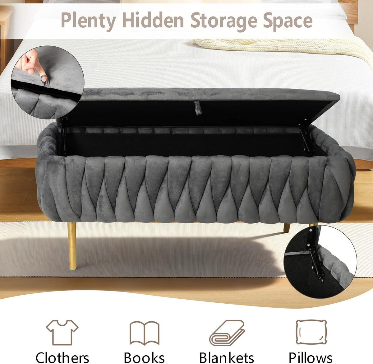 End of Bed Bedroom Storage Bench Upholstered, Hand-Woven Storage Ottoman Bench for Bedroom with Hinged Lid Golden Legs, for Living Room, Entryway Grey