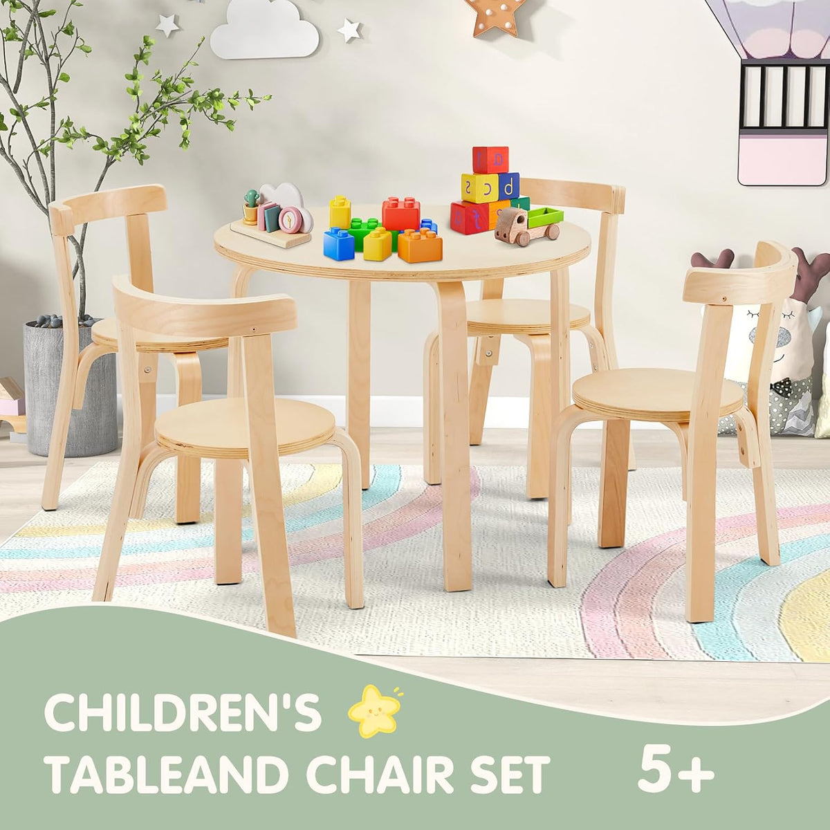 Kids Table and 4 Chairs Set - Round Table and Chair Set for Children, EN71 Certified, Birch Veneer - Wooden Dining Play Set for Children, Durable Wooden Play Table and Chairs, Solid Wood