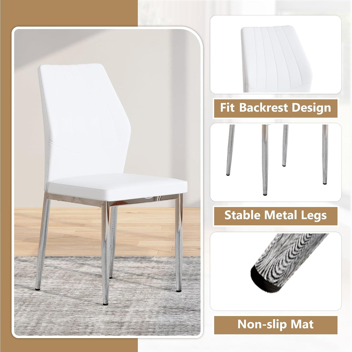 White Dining Chairs Set of 6, Modern PU Leather Kitchen Chairs with Soft Cushion and Silver Chrome Metal Legs, Waterproof and Easy to Clean, Armless Dining Chairs for Dining Room,Kitchen