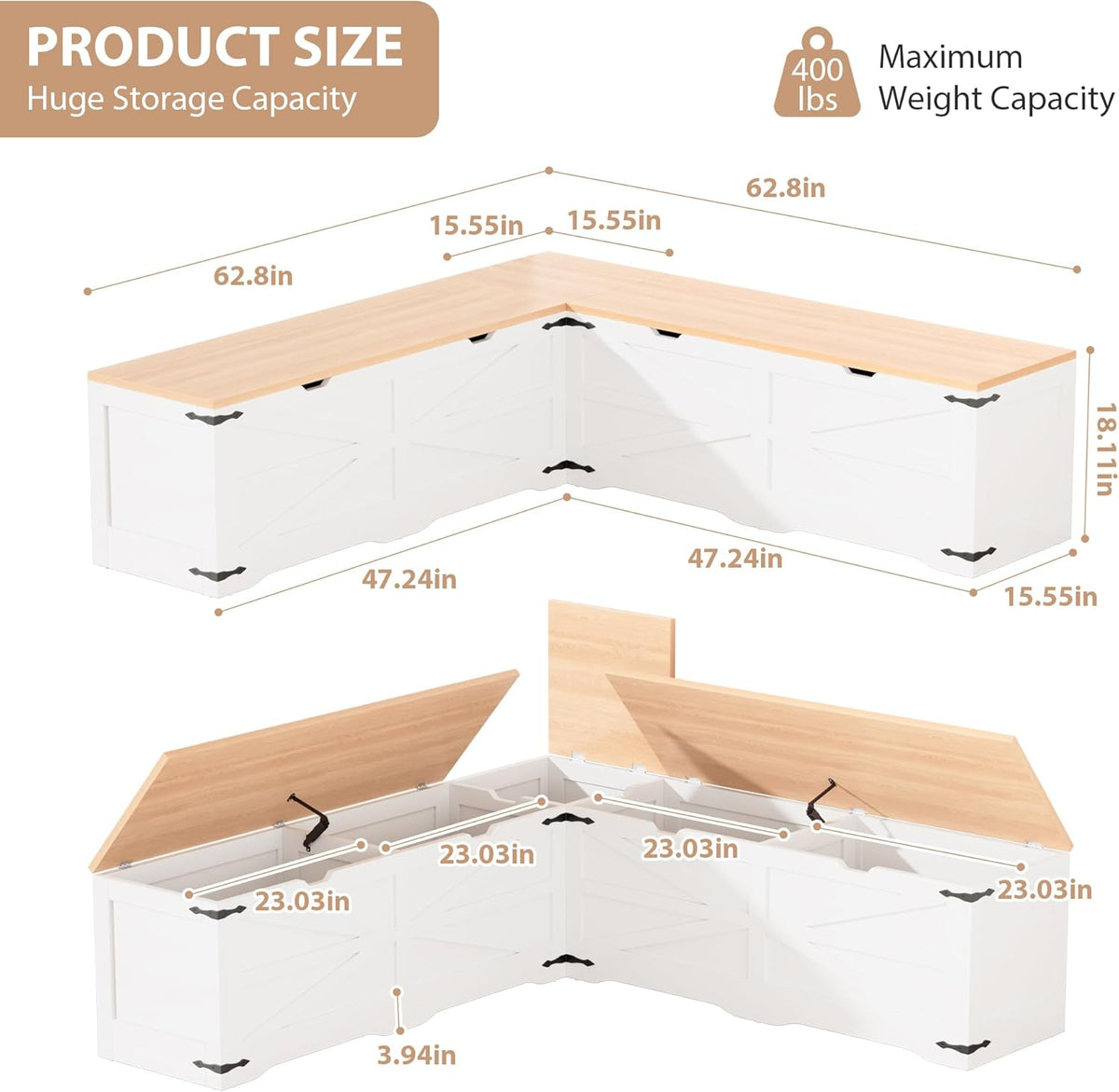 L Shaped Storage Bench, Farmhouse Kitchen Breakfast Nook Bench, Backless Corner Bench with Storage for Dining Room, Cloakroom, Entryway