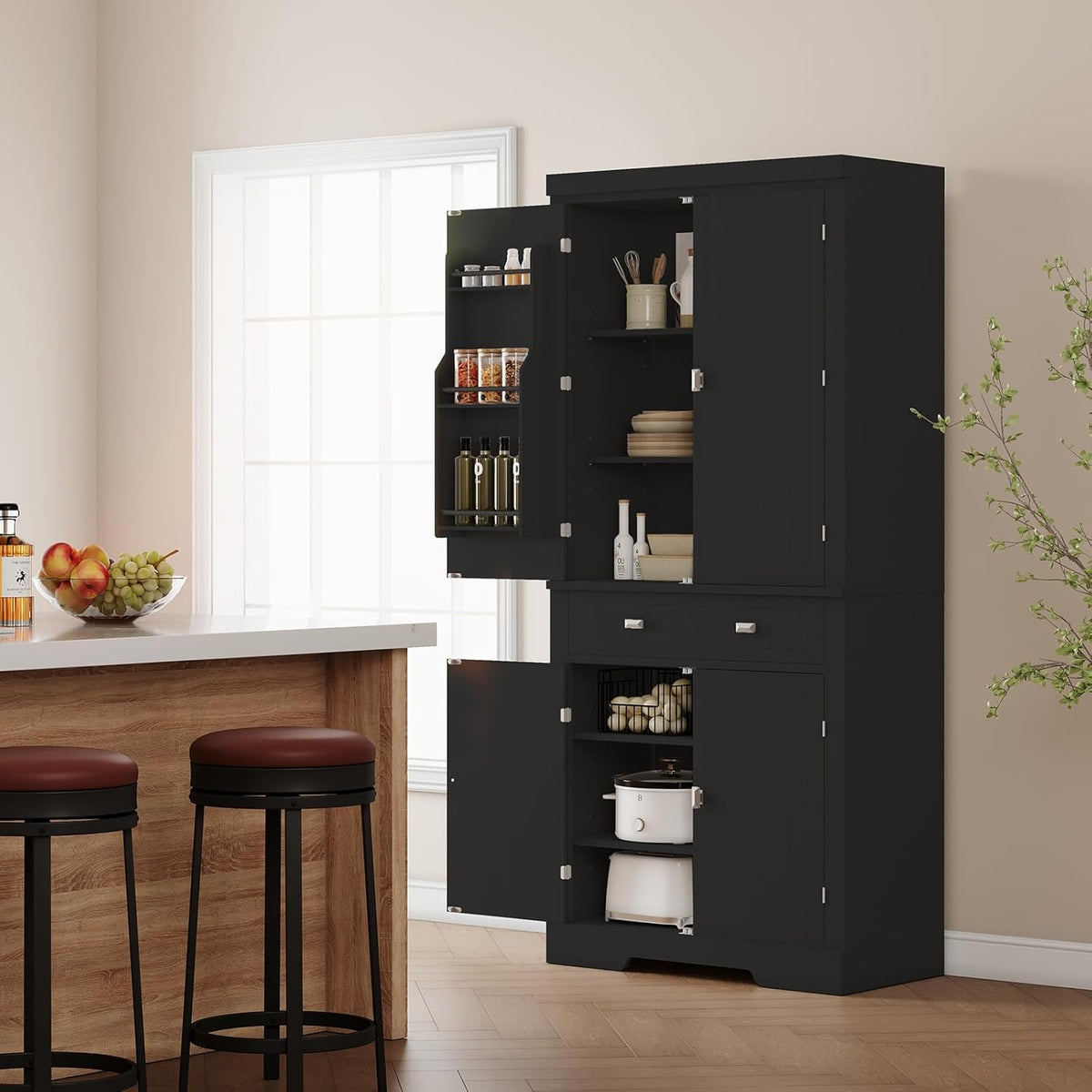 Pantry Cabinet, 72" Kitchen Pantry Storage Cabinet, Modern Kitchen Cupboard with Large Drawer, 2 Cabinets, 4 Adjustable Shelves, Freestanding Hutch Food Pantry for Dining Room Living Room, Black