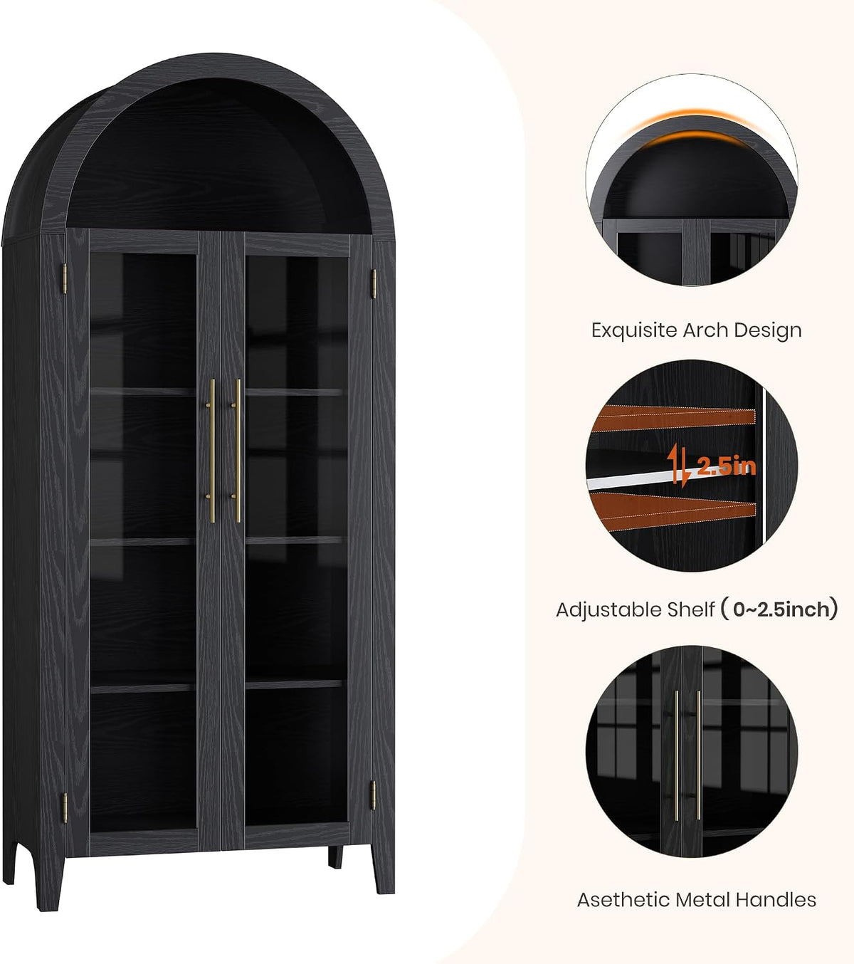 IDEALHOUSE Arched Kitchen Pantry Cabinet with Glass Doors, 5-Tier Farmhouse Display Cabinet with Adjustable Shelves, Versatile Storage Cupboard Organizer for Bathroom, Dining Room, Living Room, Black