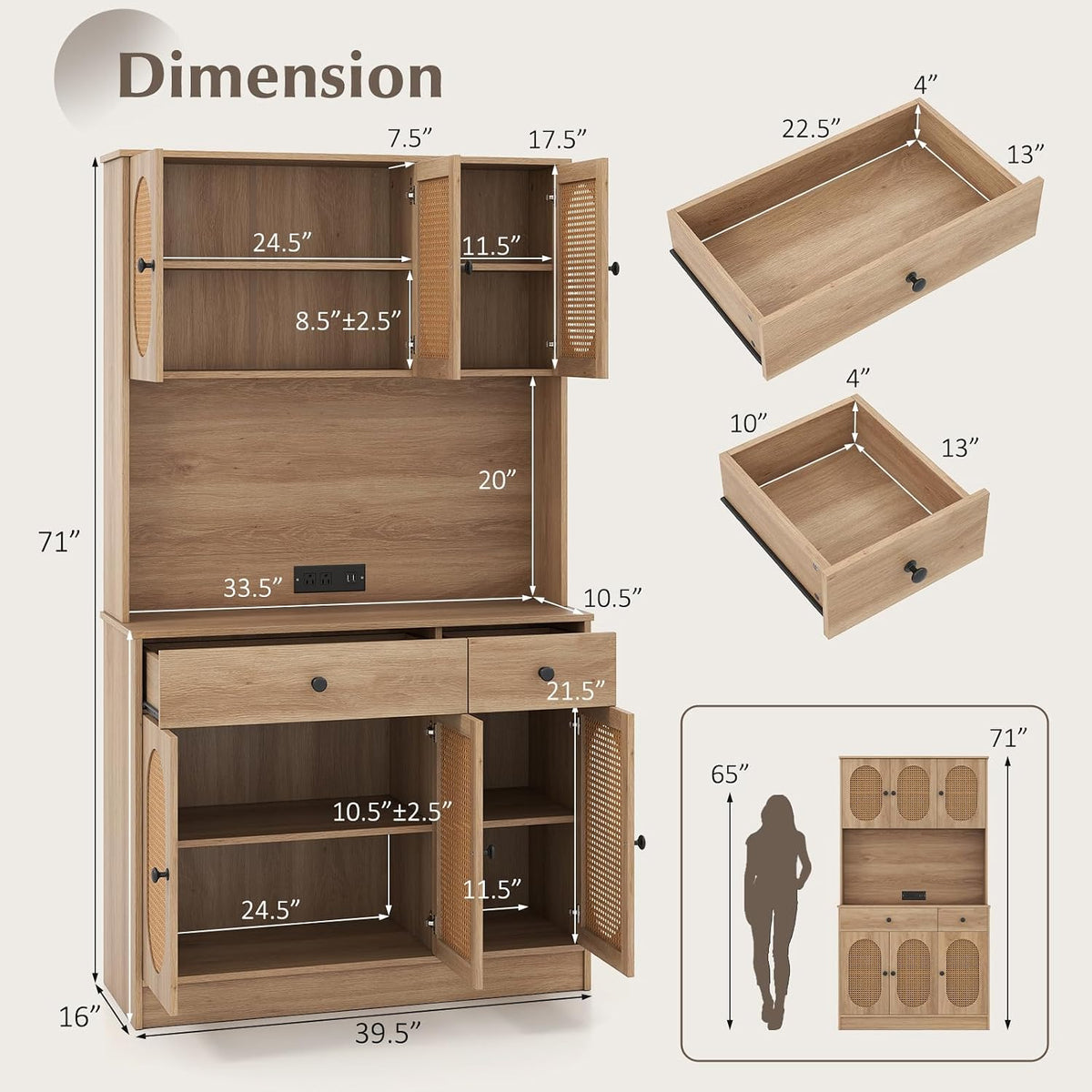 GOFLAME Kitchen Pantry Cabinet with Charging Station, 71" Tall Freestanding Kitchen Buffet with Hutch, Drawers and PE Rattan Doors, Boho Sideboard Buffet Cabinet, Natural