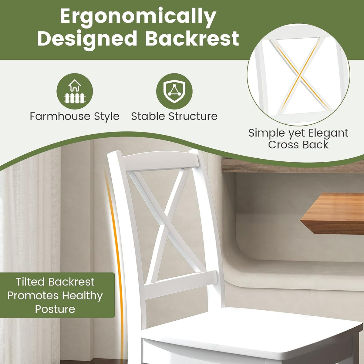 GOFLAME Dining Chairs Set of 4, Kitchen Chairs with Rubber Wood Legs & Cross Back, Farmhouse Armless Dinette Chairs for Dining Room, Living Room, Restaurant, 400 LBS Load Capacity, White