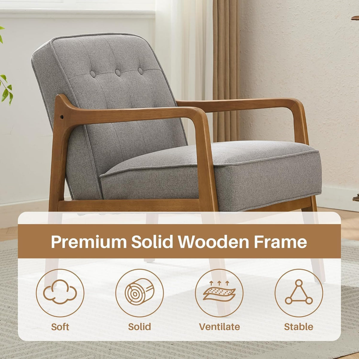 SOFTHION Linen Accent Chair Set of 2, Mid Century Modern Chair for Living Room, Upholstered Comfy Lounge Armchair with Solid Wood Frame, Reading Side Chair for Bedroom,105°Ergonomic Comfort, Grey