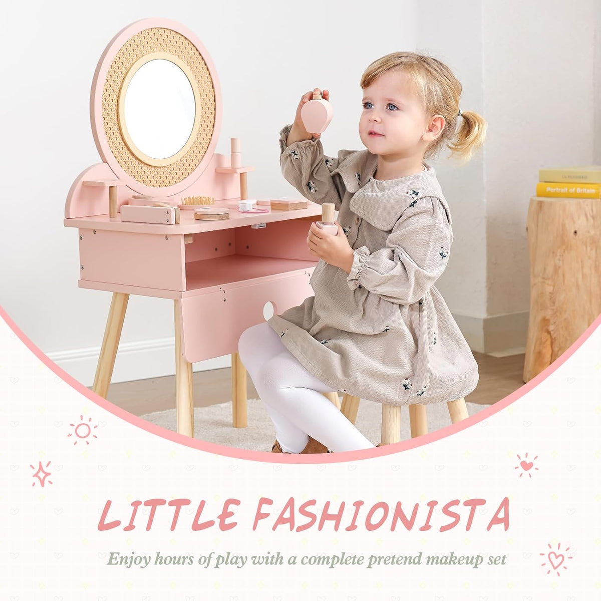 OOOK Toddler Vanity Set with 11pcs Accessories, Kids Vanity Table Chair Set | FSC Safety, Pink Pretend Makeup Toy with Straw Weaving Decor, Suitable for Girls Aged 3+