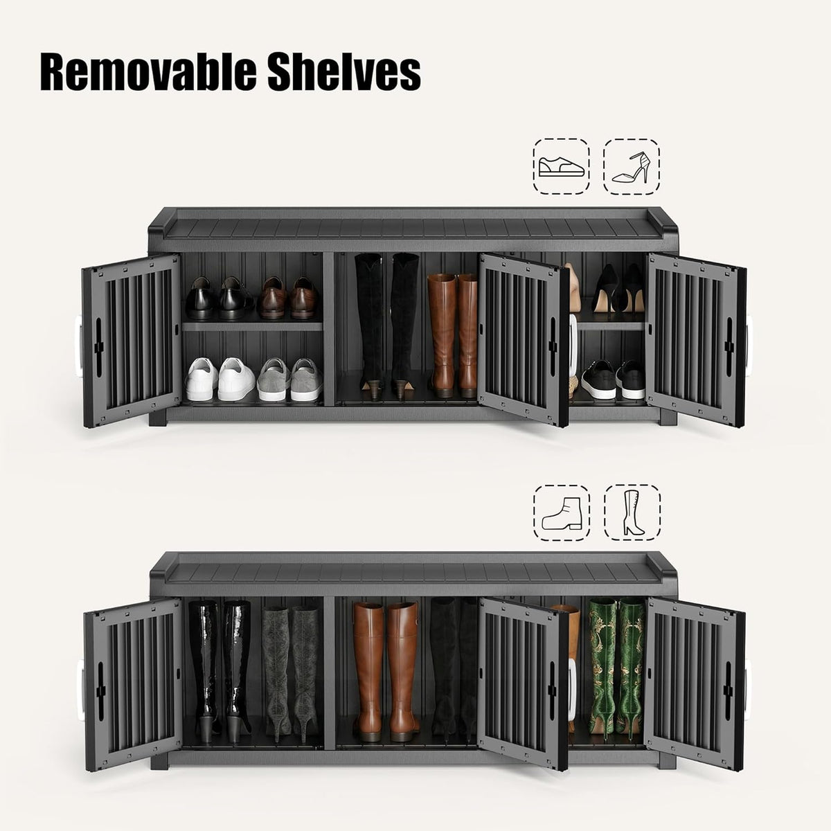 EFU Shoe Bench with Storage, Shoe Cabinet Indoor Outdoor with Adjustable Shelves, Waterproof Shoe Organizer with 3 Doors for Entryway, Bedroom, Living Room (Black)