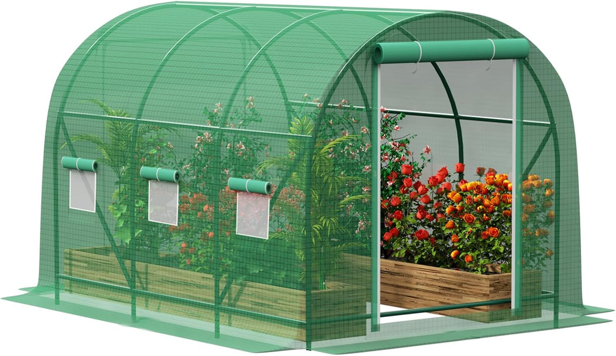 10×7×7 FT Greenhouses for Outdoors Heavy Duty, Large Walk in Green Houses for Outside with 6 Ventilated Mesh Windows & Roll-up Door & Reinforced Frame