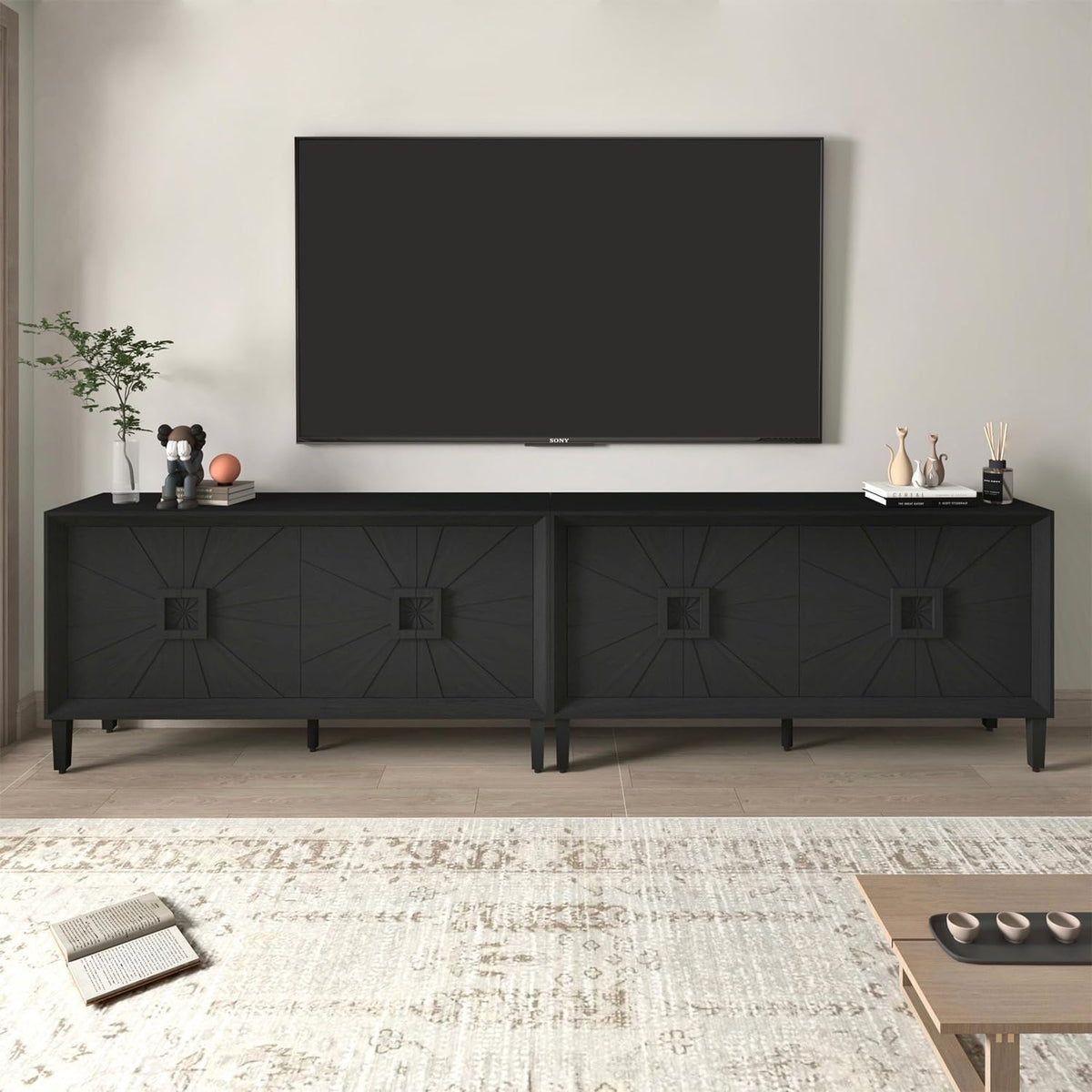 Large Buffet Sideboard Cabinet with Storage,60" Modern Cedenzas Buffet Table American Farmhouse Charm Cabinet with 4 Symmetrical Sunburst Doors for Living Room Hallway, Antique Black