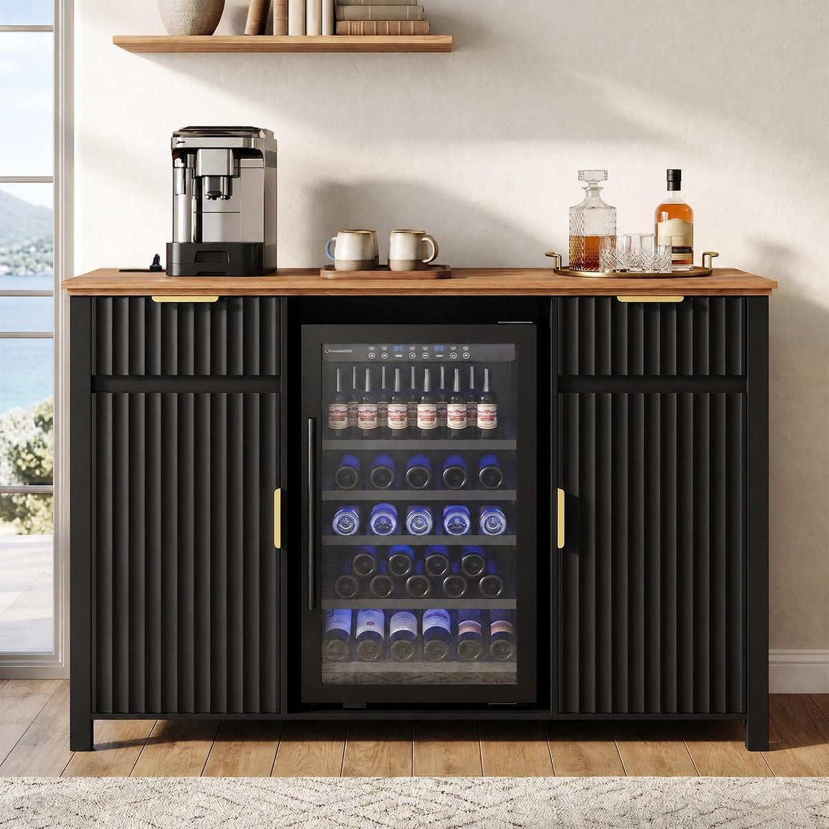 Coffee Bar with Mini Fridge Space & Charging Station, Modern Fluted Mini Fridge Cabinet, Large Bar Cabinet with Wine & Beverage Storage for Kitchen, Dining Room or Living Room