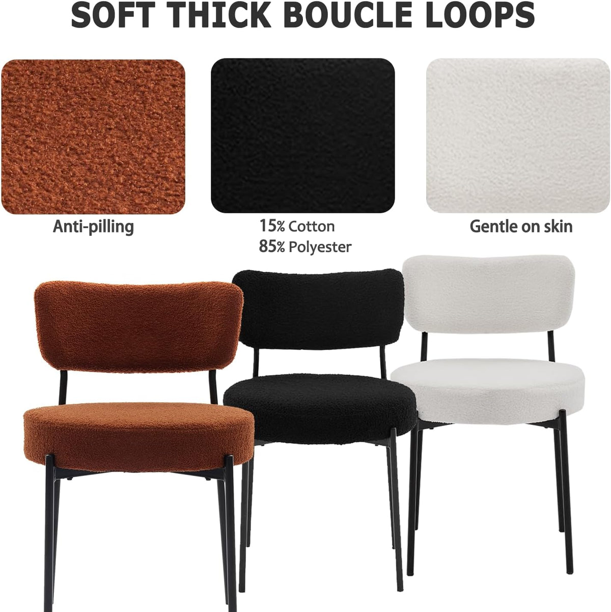 Boucle Dining Chair Set of 6, Mid Century Modern Upholstered Kitchen Chairs with Curved Backrest & Black Metal Legs, Round Dining Room Chairs, White