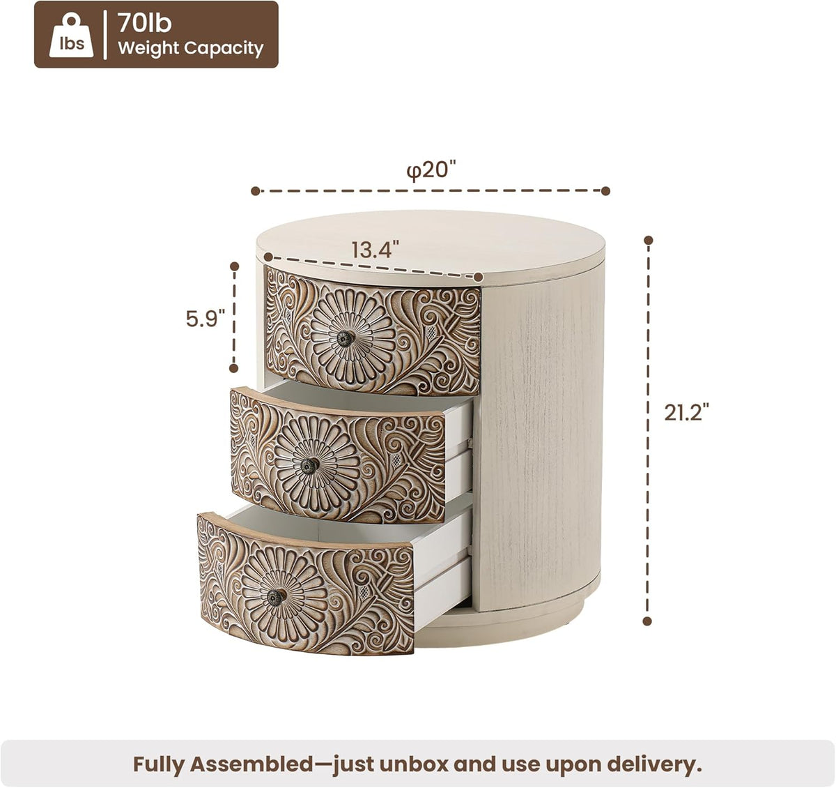 HOMPUS Round End Table Set 2, Fully Assembled Nightstand w 3 Storage Drawers, Farmhouse Wood Dresser Set of 2, Vintage Nightstand Bedside Tables, Aceent End Tables for Bedroom, Rustic White
