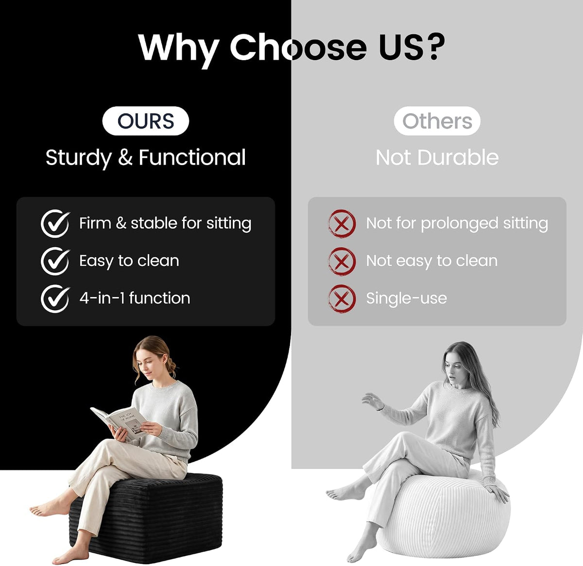 27.6" Floor Ottoman, Plush Corduroy Ottoman Foot Rest for Couch in a Box, Compressed Soft Foam Footrest No Assembly Require, Large Square Footstool for Living Room, Bedroom, Black