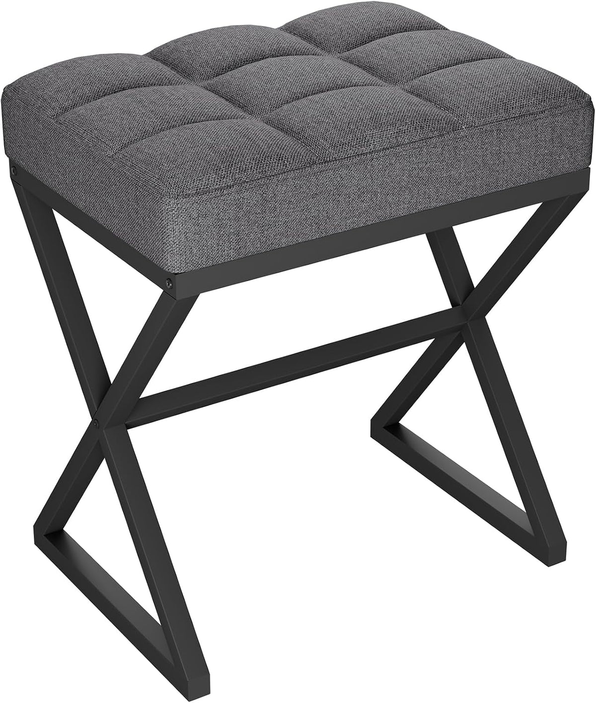 YMYNY Vanity Stool, Linen Footrest, Ottoman Bench with X-Shaped Metal Legs, Makeup Dressing Stool for Vanity, Living Room, Bedroom, Entryway, Hallways 15.74" D×11.81" W×18.11" H Grey UHBD033G