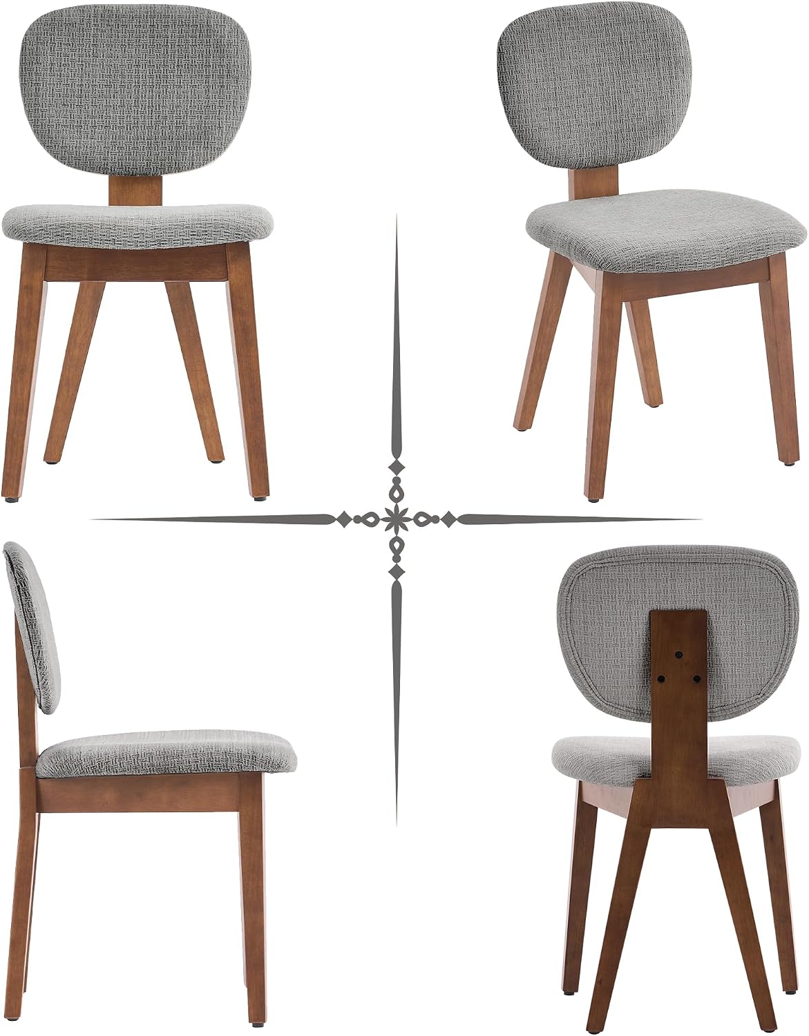 VKNOW Wooden Dining Chairs Set of 2, Mid Century Modern Upholstered Kitchen Side Chairs, Chenille Dining Room Chair with Curved Seat Backrest for Home Dining Room, Grey
