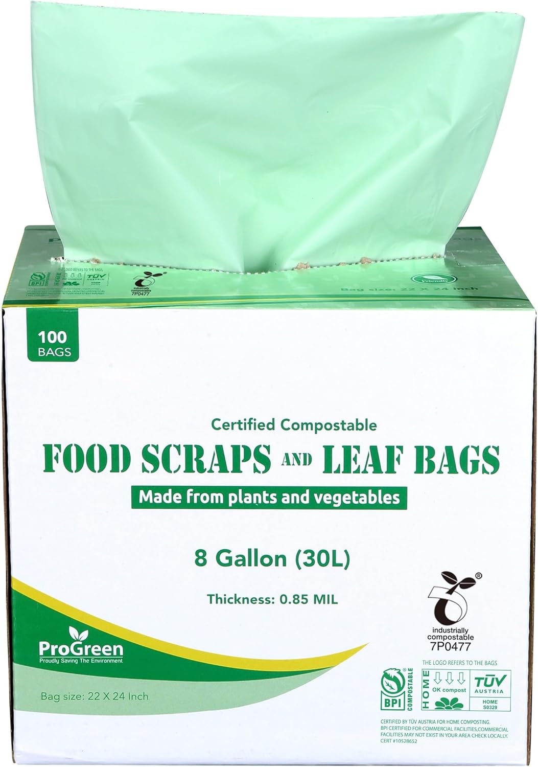 ProGreen Compostable Trash Bags, Extra Thick, Compost Kitchen Bin Bags, Food Scraps Yard Waste Bags, ASTM D6400 BPI and TÜV AUSTRIA Certified (8 Gallon, Pack of 100)