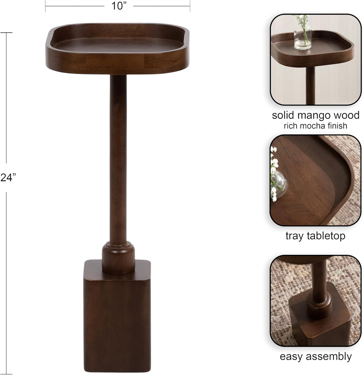 Kate and Laurel Woodrow Modern Mango Wood Square Drink Table, 10 x 10 x 24, Dark Brown, Transitional Rounded Square Mini Table for Use as Indoor Plant Stand or Wooden Living Room Accent