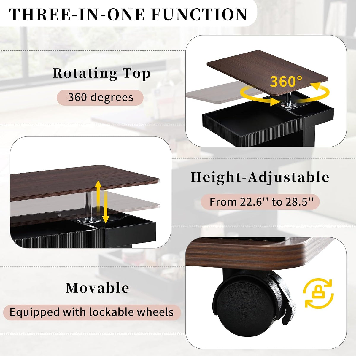 Lift Top End Table with Wheels, Rotating Sofa Side Table, 360°Rotating Top & Storage Space for Living Room, Bedroom, Small Space (Black+Brown)