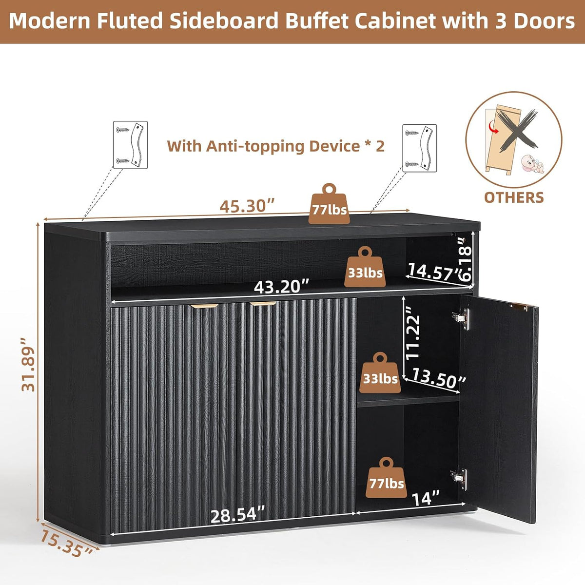 LEYAOYAO Fluted Buffet Cabinet with Storage, 45" Wide Wood Sideboard Credenza with 3 Doors & Open Storage Shelf, Modern Kitchen Console Accent Cabinets, Coffee Bar Table for Dining Room, Black Oak