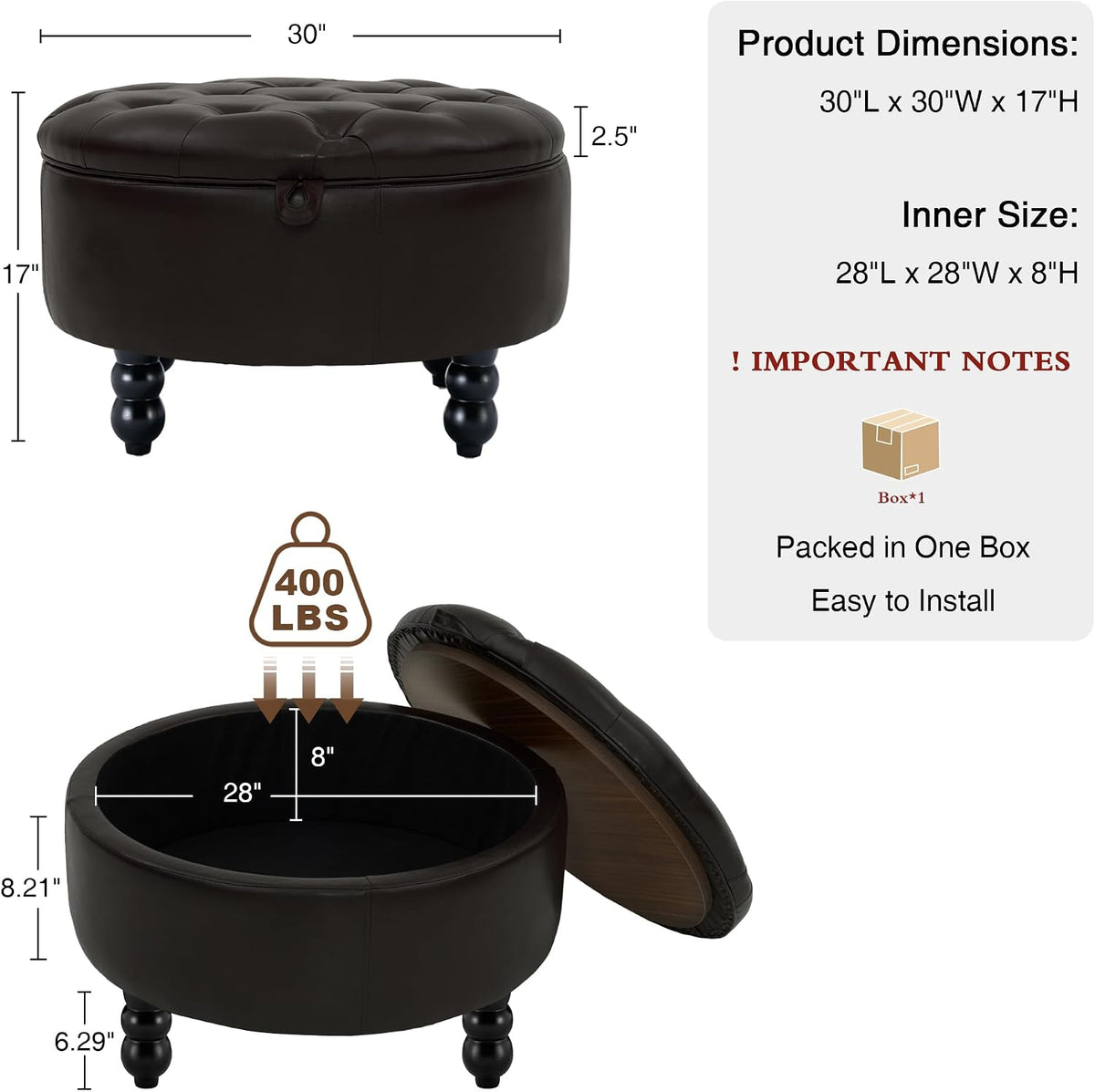 30 Inch PU Leather Round Storage Ottoman with Tray, Modern Upholstered Tufted Coffee Table with Storage, Large Ottoman Footrest Stool for Living Room, Bedroom, Dorm, Dark Brown