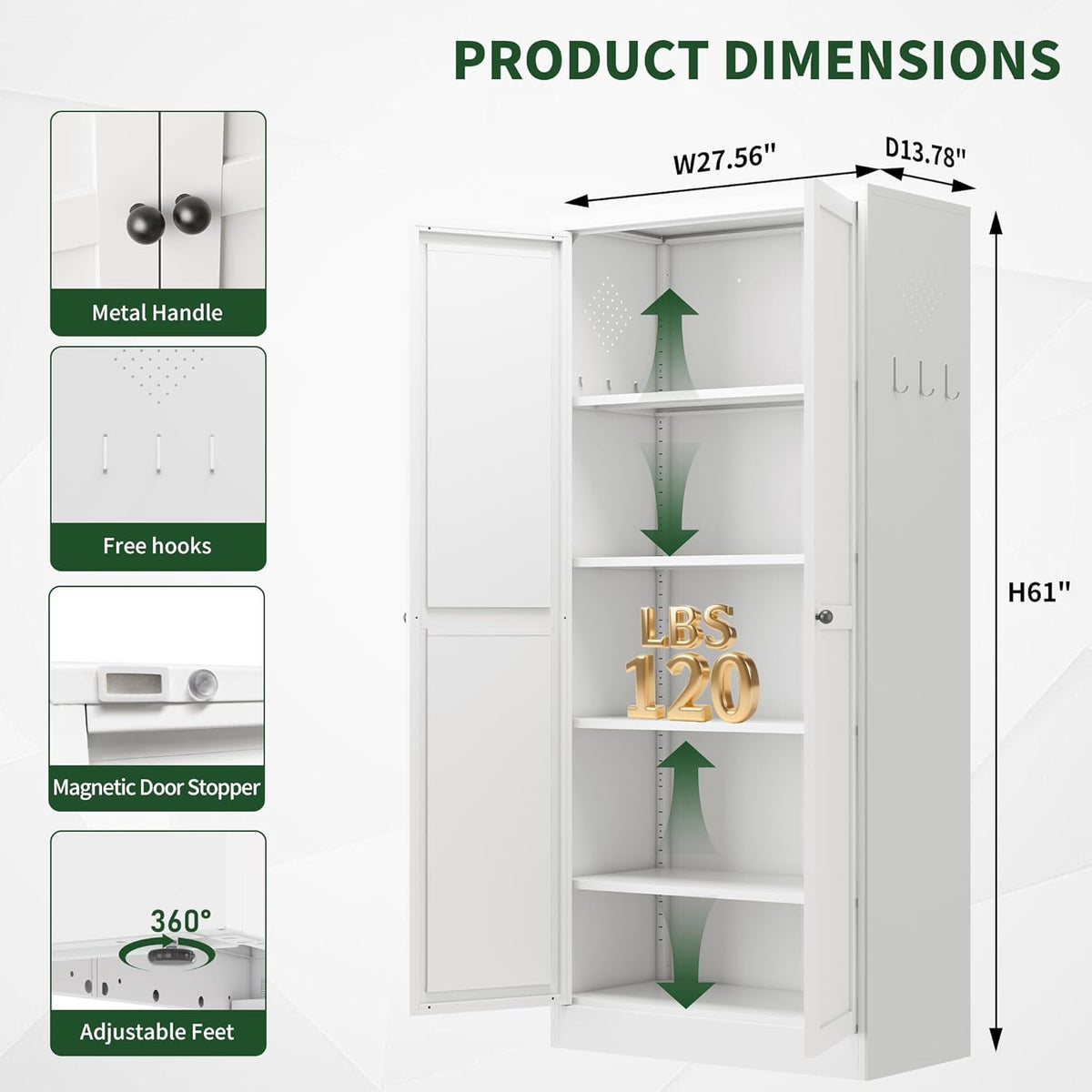 Kitchen Pantry Cabinet,White Metal Pantry Cabinet with 2 Doors & 4 Adjustable Shelves,61" Farmhouse Utility Storage Cabinet for Living Room,Garage,Basement