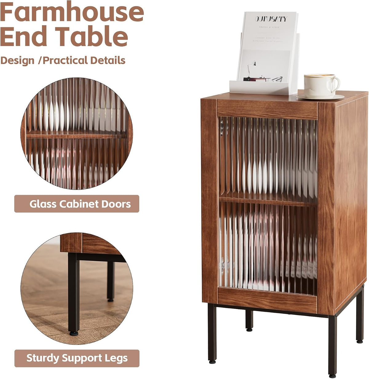 BVIUNTWO Glass Door Cabinet,2-in-1 Buffet Cabinet with Storage,32 Inch Farmhouse Console Table with Metal Base,Sideboard Coffee Bar Cabinet for Kitchen,Dining Room,Living Room,Brown