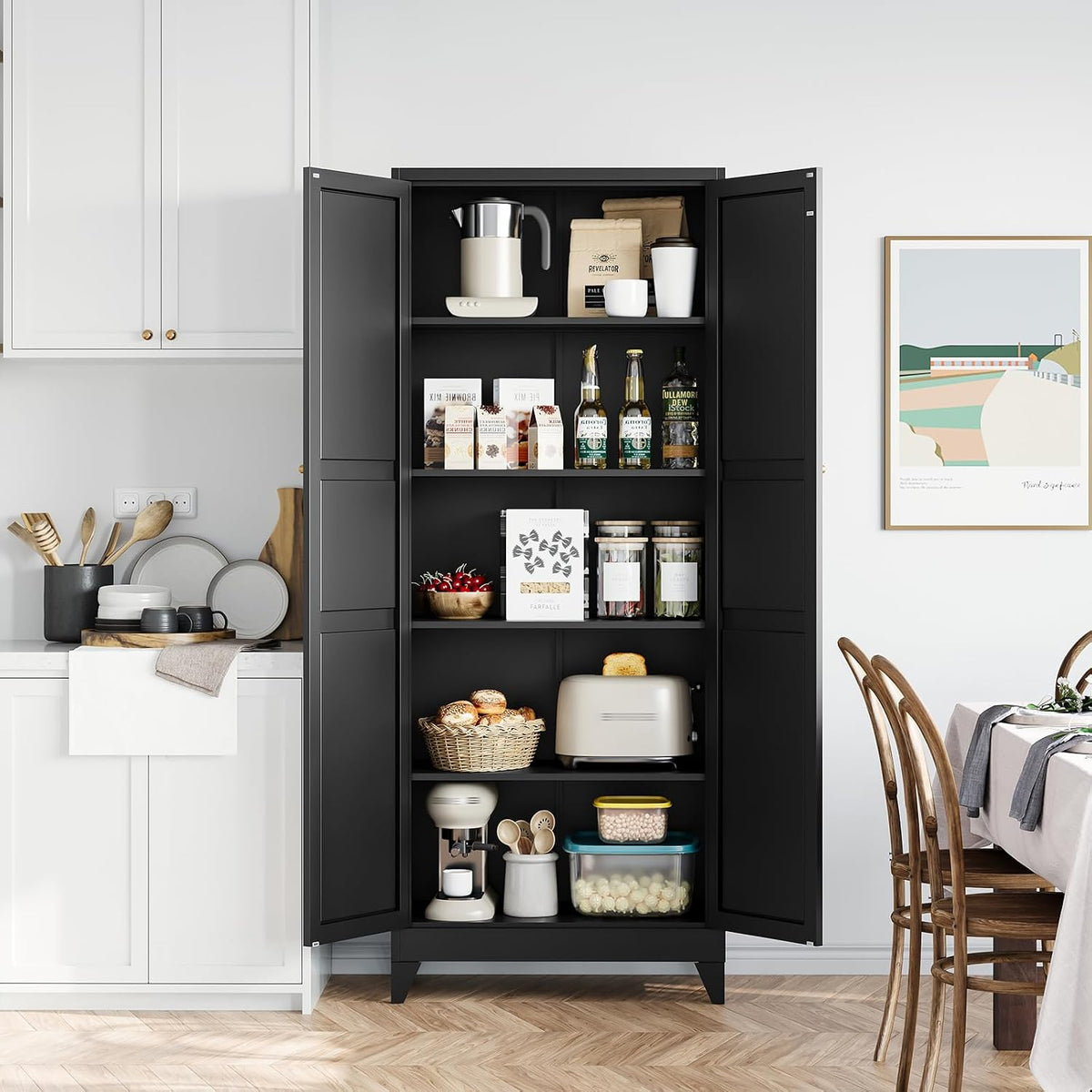 STANI 74.8" H Tall Kitchen Cabinet, Black Metal Pantry Storage Cabinet, 4 Adjustable Shelves, Kitchen Pantry Storage for Dining Room, Living Room, Bathroom 74.8" H x 15.7" D x 31.5" W
