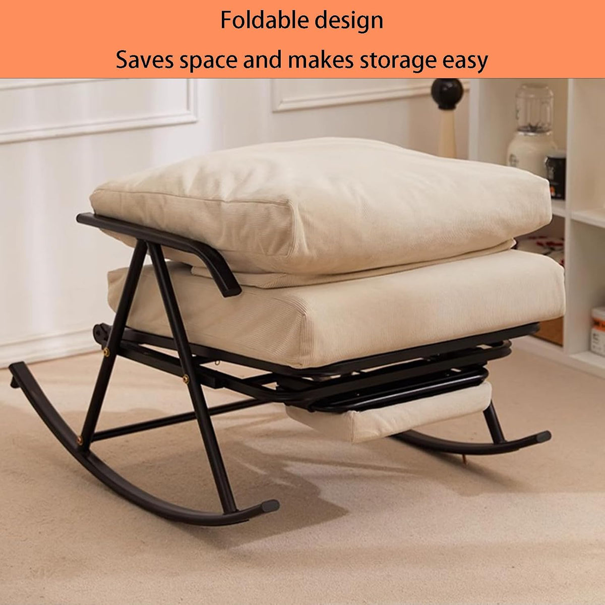 Single Rocking Chair with a Retractable footrest, Armchair with Adjustable backrest, Corduroy Upholstery, Suitable for Living Room, Balcony, and Bedroom Beige