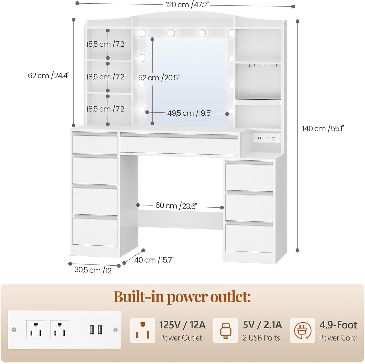 HEXCELEN 47" Vanity Desk with LED Lights, 8 Drawers, 20" Mirror, 2AC+2USB Charging, FSC Wood White Makeup Vanity
