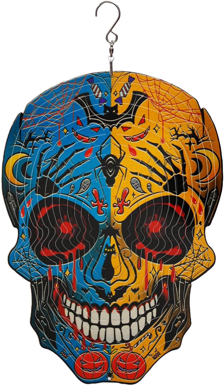 12 inch Halloween Decoration Skull Wind Spinner Clearance - 3D Metal Garden Spinner, Mandala Kinetic Art Outdoor Decor -Handcrafted Hanging Ornament for Outdoor,Patio, Yard，Garden