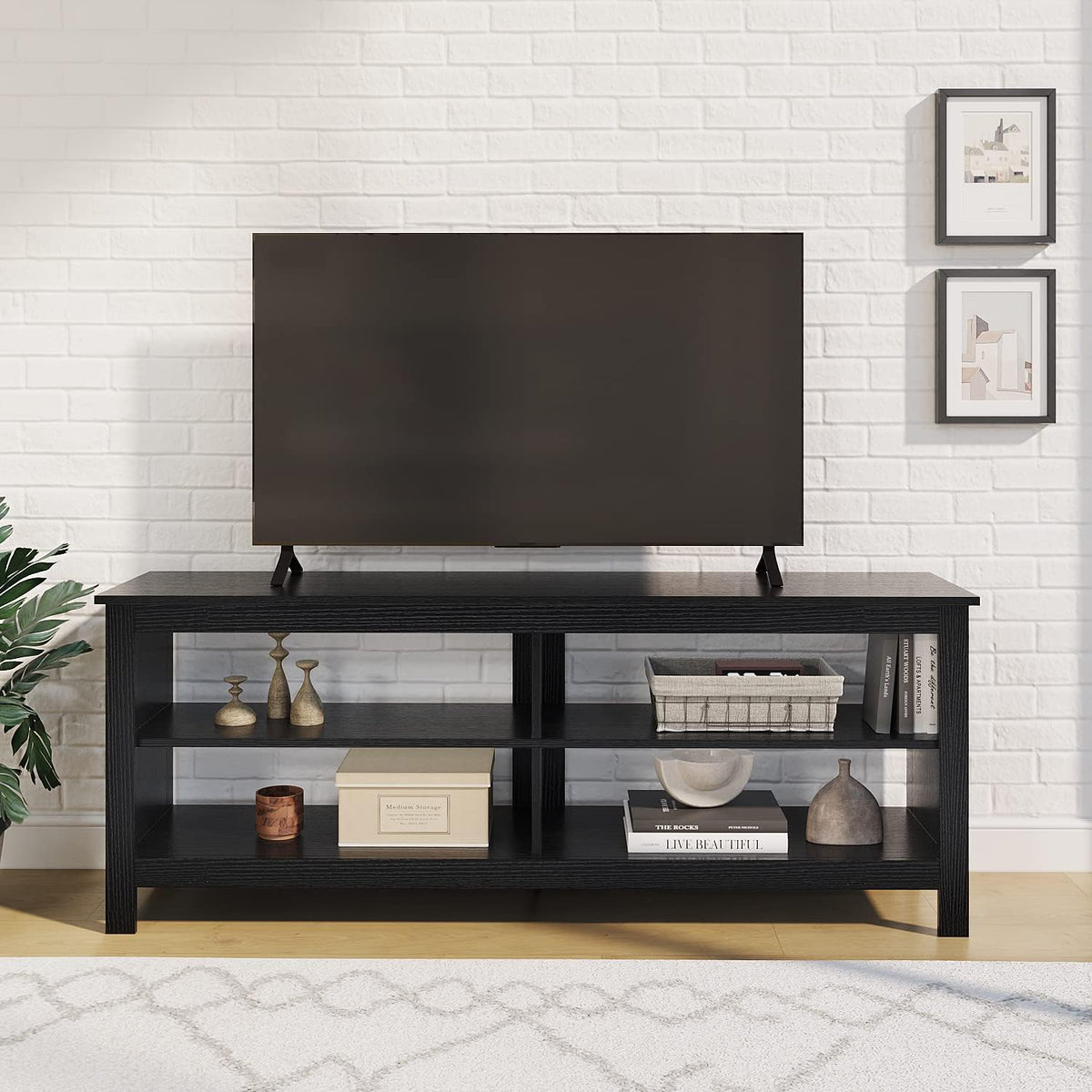 Panana Modern TV Stand with 4 Open Shelves 55inch Entertainment Center for TVs up to 65inch Medial TV Console Table Cabinet for Living Room (Black)