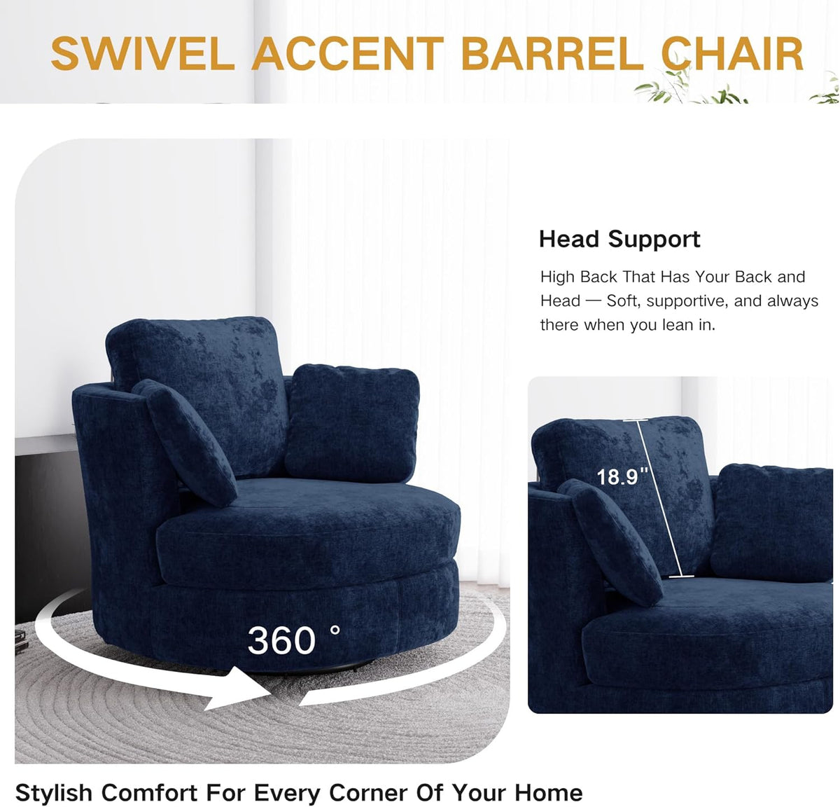 40.6''W Swivel Accent Barrel Chair, Chenille Upholstered Round Single Couch Sofa with 3 Pillows for Living Room, Apartment, Bedroom (Blue)