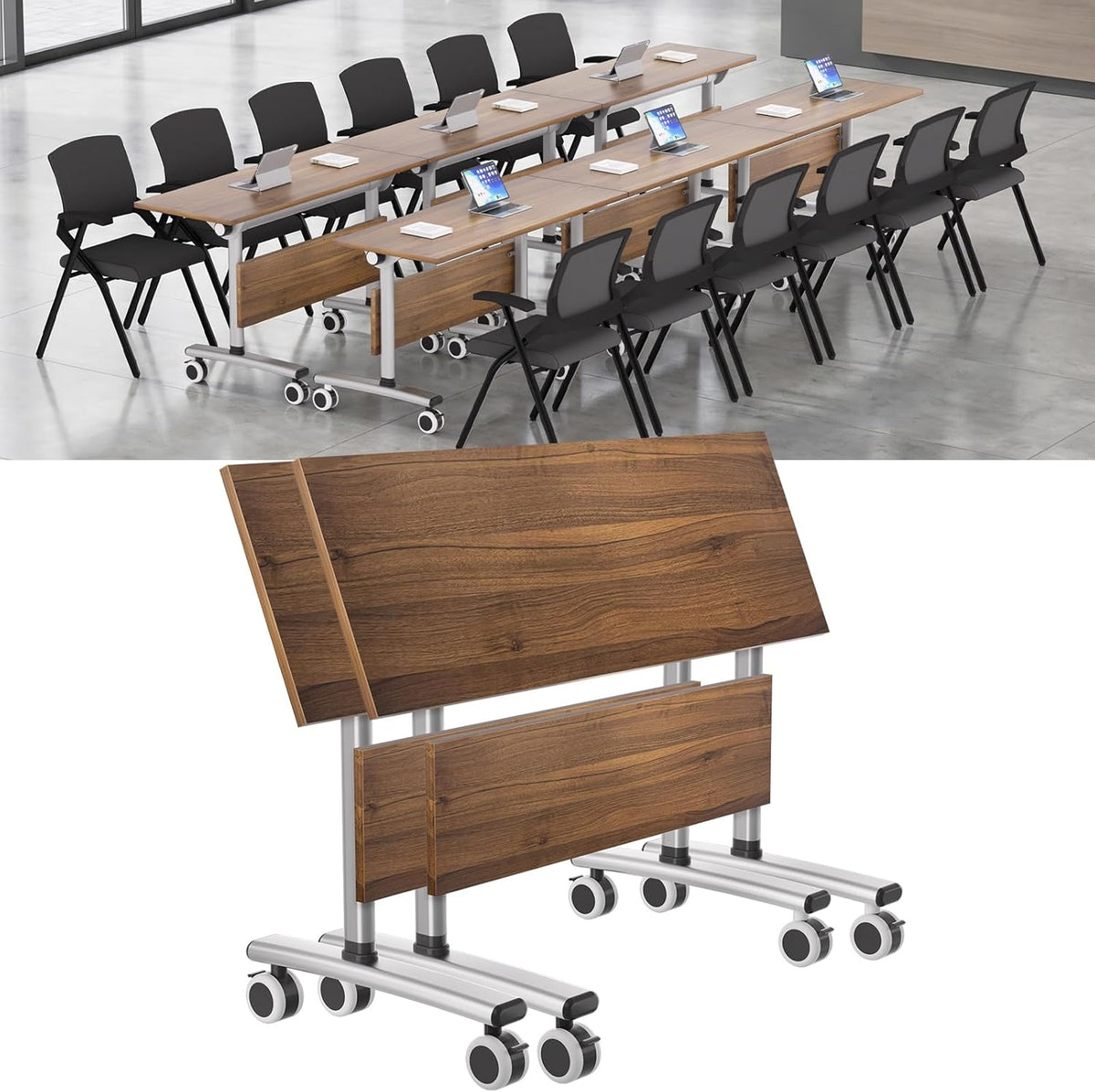 Folding Conference Table with Wheels, 47" Mobile Training Table, Flip Top Seminar Table for Office Classroom Meeting Room, Heavy Duty 440lbs Capacity, Space Saving Nesting Desk,2 Pack,47IN