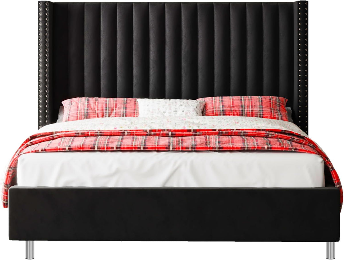 Jocisland Queen Size Bed Frame Velvet Upholstered Wingback Headboard, Black