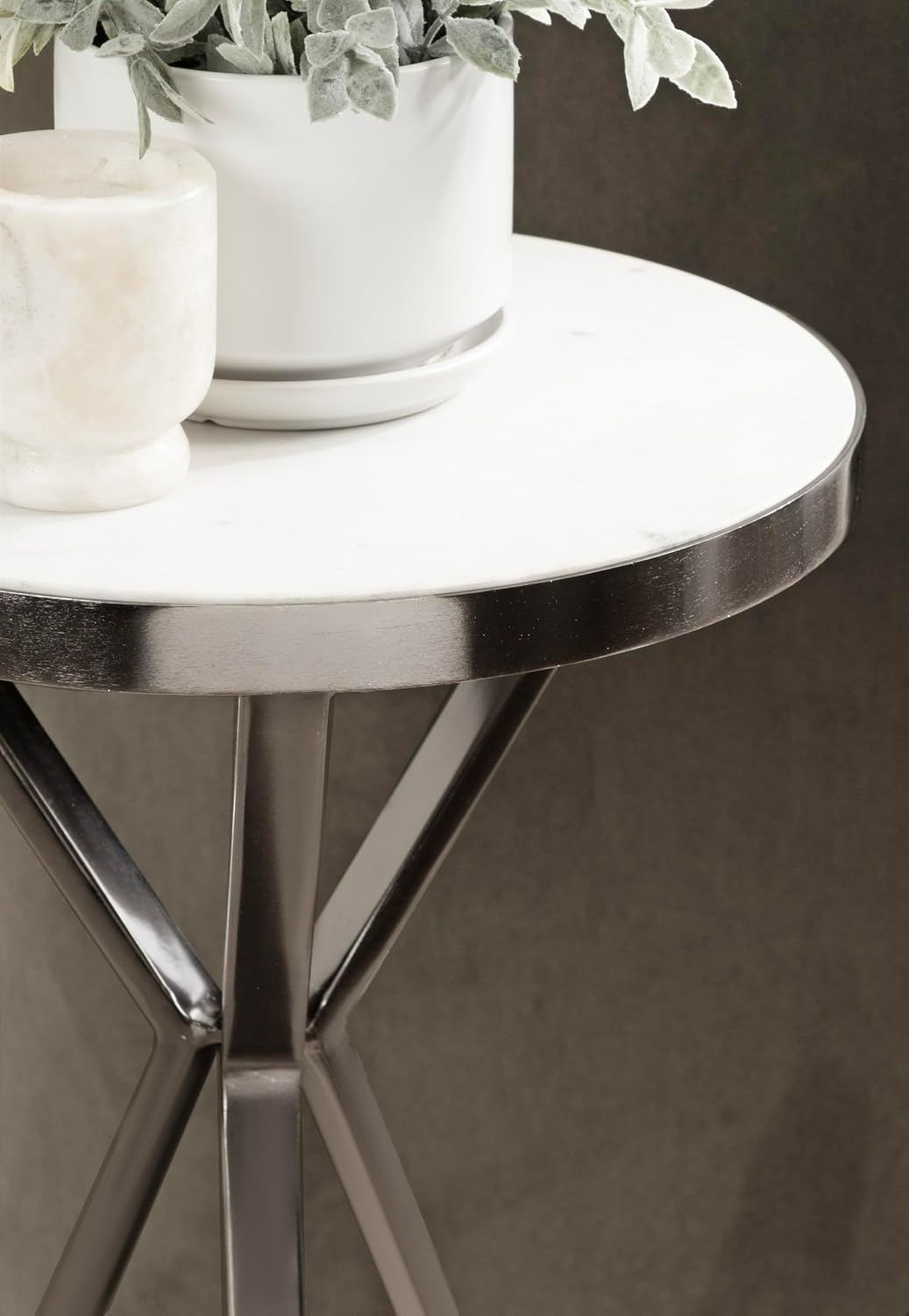 Kate and Laurel Gribben Modern Round Marble Side Table, 14 x 14 x 24, White and Gray Gunmetal, Tripod-Base Bedside Table for Display and Storage as a Bedroom Nightstand or Living Room Accent