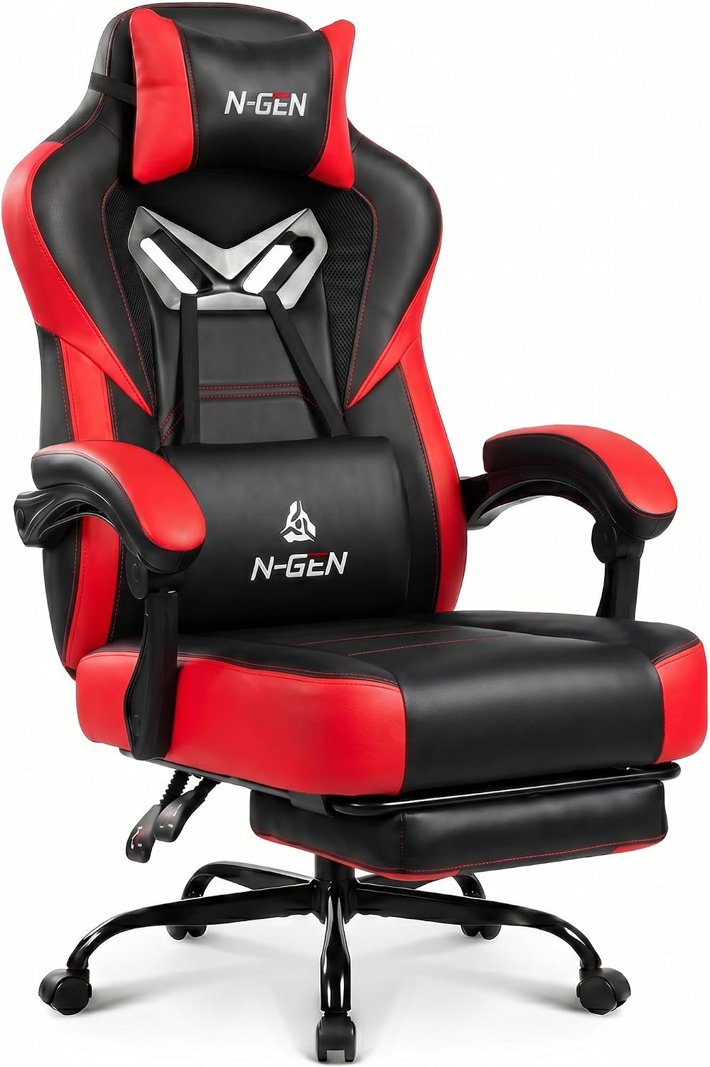 N-GEN GAMING Big & Tall Gaming Chair with Footrest, Lumbar Support, Red | Ergonomic High-Back Chair for Adults, Padded Wide Seat with Heavy-Duty Base, Reclining Comfort for Computer, Office/Home Use