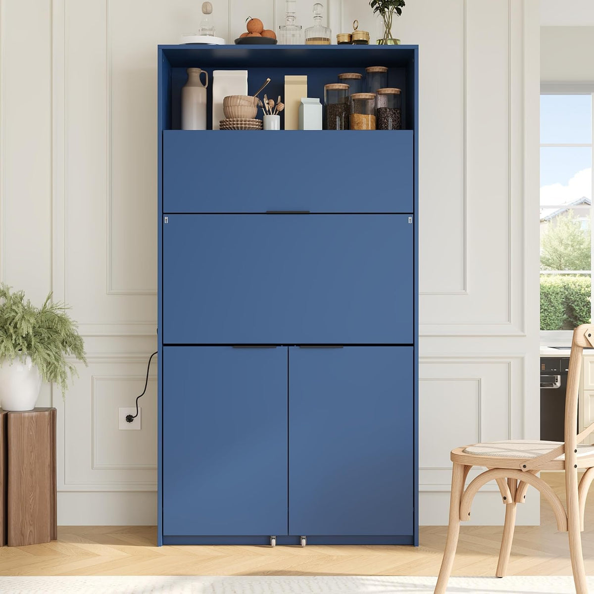 MERITLINE Compact Kitchen Pantry with Hutch and Foldable Workstation, Multifunctional 69''H Buffet Storage Cabinet with Adjustable Shelf & Power Outlet for Dining Living Room (Dark Blue)