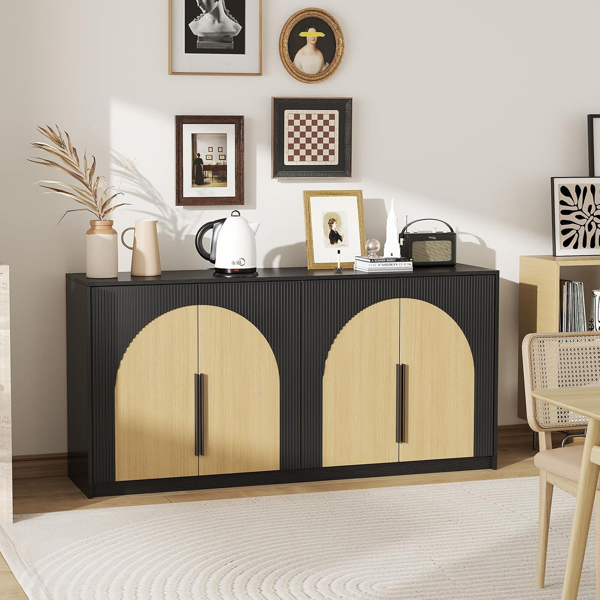65 Inch Fluted Buffet Cabinet with Storage Symmetrical Arc Accent Sideboard Large Console Table for Dining Room Kitchen and Living Room (Camel)