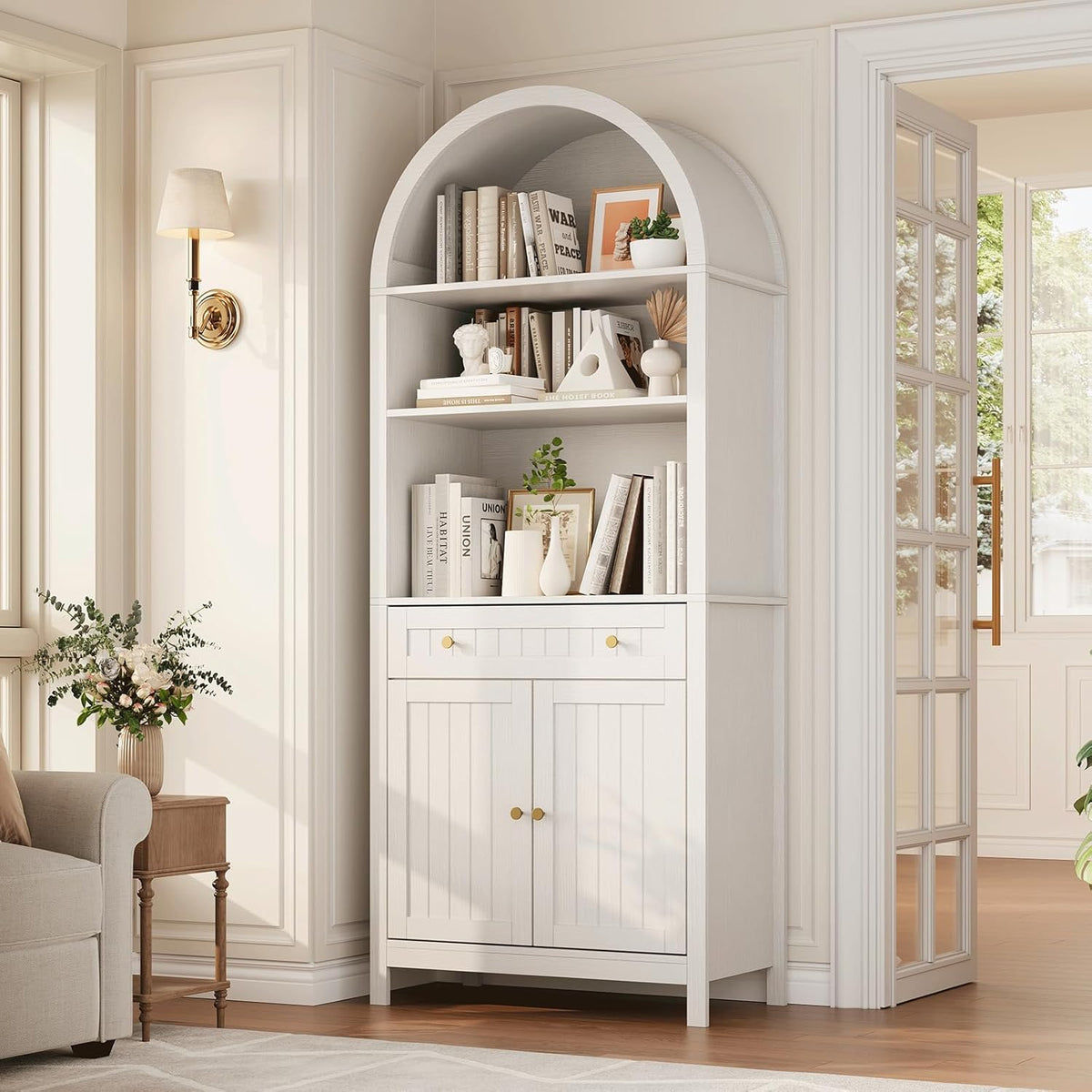73" Tall Arched Cabinet, Arched Kitchen Pantry with Adjustable Shelves, Modern Display Storage Cabinets, Wooden Pantry Cabinet for Living Room, Dining Room