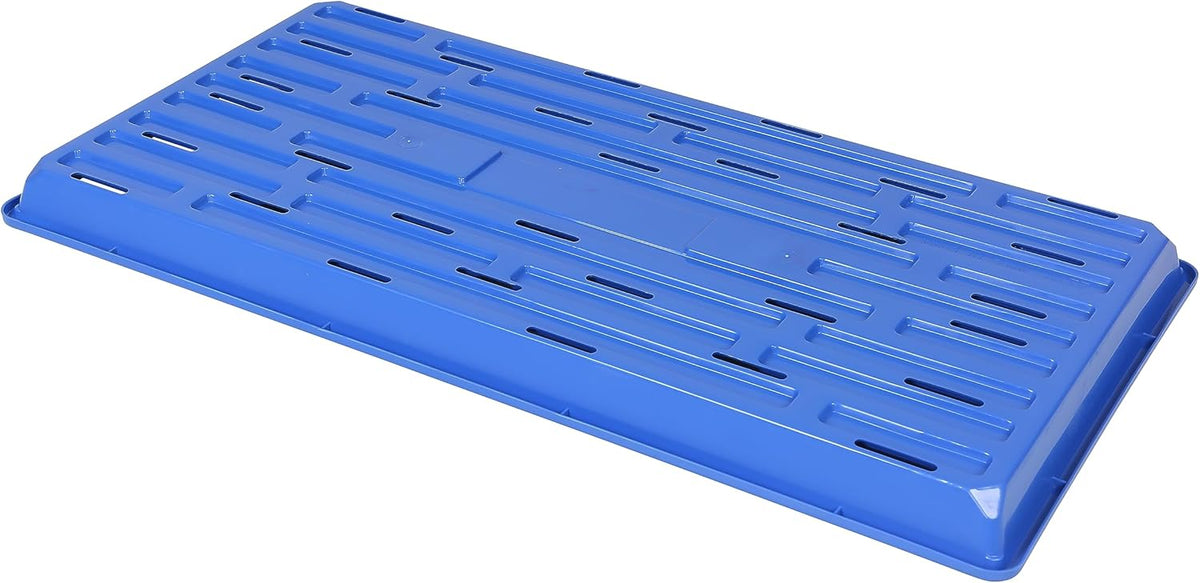 SUNPACK 10" x 20" Heavy Duty Shallow Plastic Seed Starting Tray, Blue, 1" (Pack of 10) - Lined with Drainage Holes for Excess Water and Aeration, Ideal for Greenhouses or Indoor Gardening